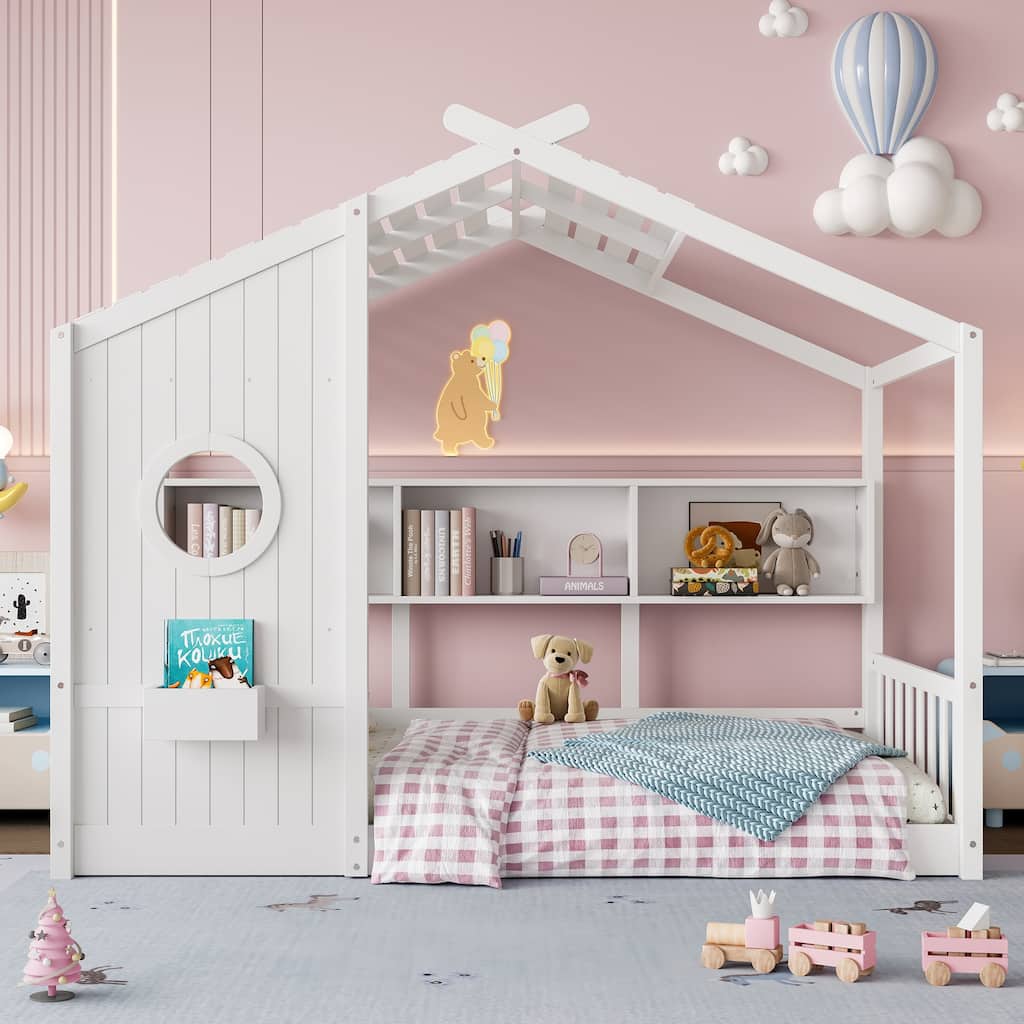 Montessori Floor House Bed for Toddler with Storage Shelf, Playhouse Design