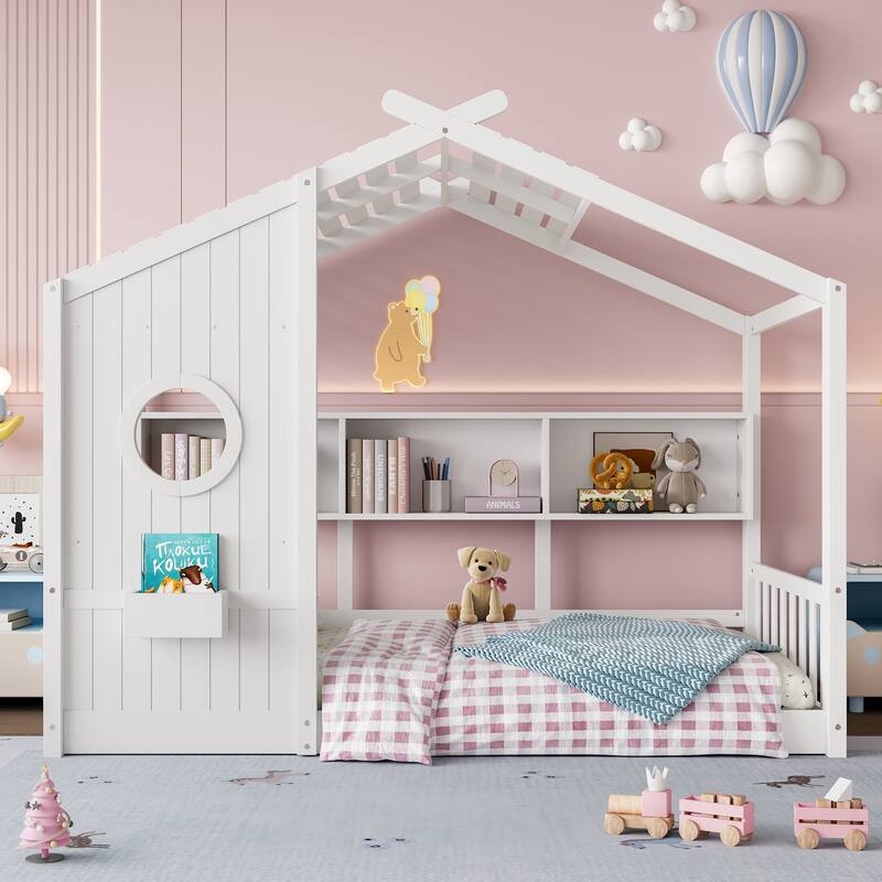 Twin Size Floor House Bed for Kids with Storage Shelf and Roof Design, White - White