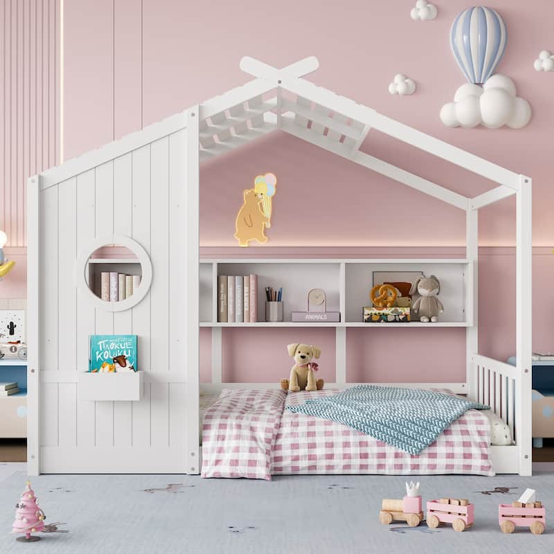 Twin Size Floor House Bed for Toddler, Kids Montessori Bed with Storage Shelf, Playhouse Bed with Roof Design - White