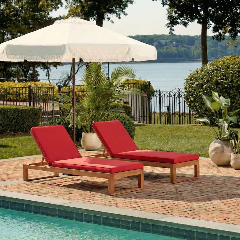 SAFAVIEH Outdoor Kaliyah Solid Wood Chaise Lounge Chair - 25Wx81Dx37H - Natural Wood/Red Cushion
