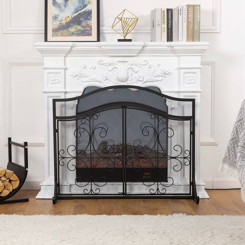 Fashion 2 Panel Black Unique Pattern Iron Fireplace Screen- - 37.8'' x 12.2'' x 31.1''