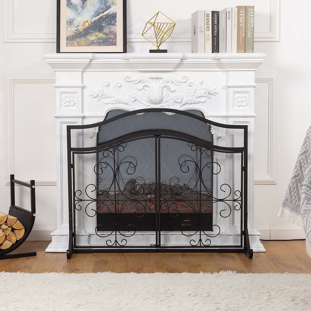 Fashion 2 Panel Black Unique Pattern Iron Fireplace Screen- - 37.8'' x 12.2'' x 31.1''