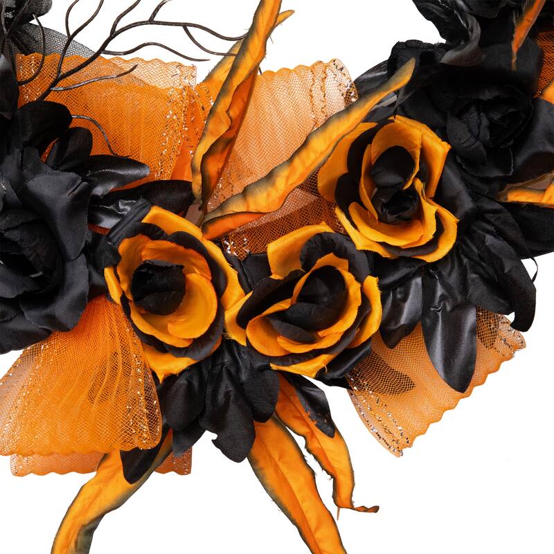 Skull with Black and Orange Roses Halloween Wreath - 14" - Unlit