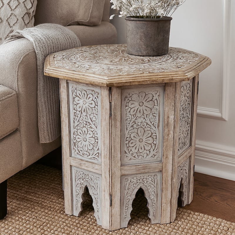Olta 18 Inch Handcrafted Farmhouse Side Table, Engraved Carved Design, Mango Wood, Octagonal Top, Antique Brown