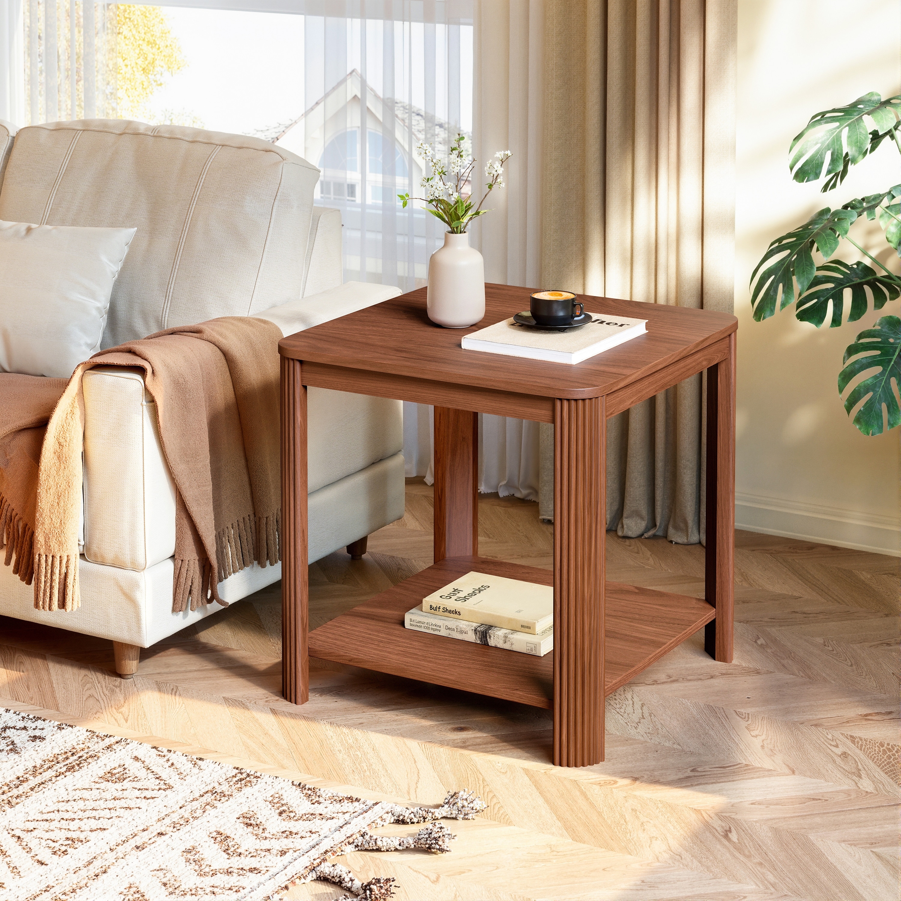 Rounded Corner End Table with Vertical Wave Grain Legs, 2-Tier Boho Side Table, 22.1"Square Nightstand for Small Spaces
