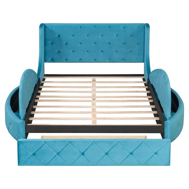 Low Profile Bed Queen Size Velvet Upholstered Platform Bed with Wingback Headboard, Big Drawer and 2 Semicircle Side Stools