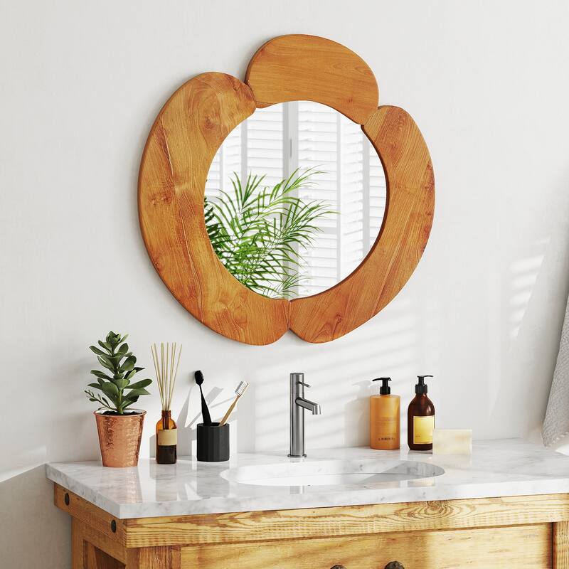 29" Wood Framed Hanging Vanity Wall Mirror with Crystal-Clear Glass for Bedroom or Hallway - 29" x 29"
