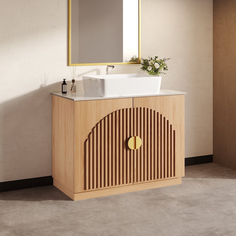 36" Mid - Century Modern Bathroom Vanity With Single Sink Grille Door & Gold Accents - Light Wood