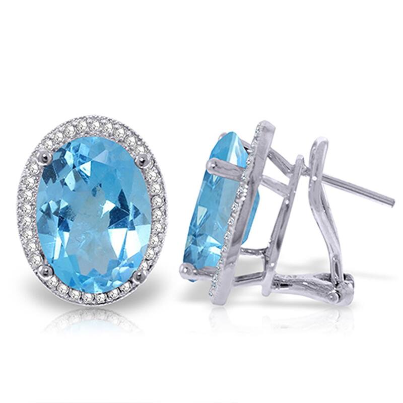 15.16 Carat 14K Solid Gold Oval Natural Blue Topaz Diamond Earrings - White