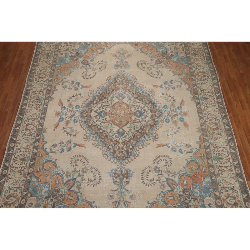 Hand Knotted Oriental 100% Wool Carpet Traditional Floral Beige & Ivories Tabriz Area Rug - 12' 11'' X 9' 6''
