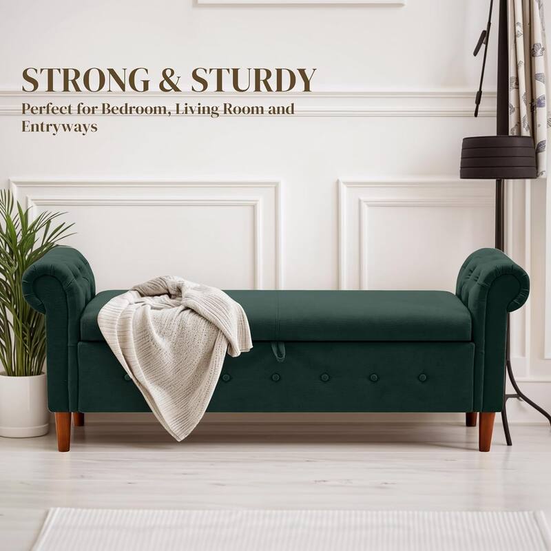 Multipurpose Rectangular Linen Sofa Stool with Large Space Saving Storage, 4 Rubber Wood Feet - 63 x 22.1 x 24.1 inch - Olive Green