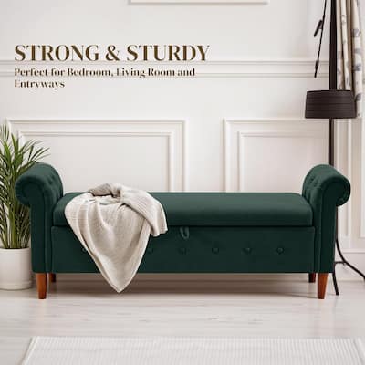 Multipurpose Rectangular Linen Sofa Stool with Large Space Saving Storage, 4 Rubber Wood Feet - 63 x 22.1 x 24.1 inch