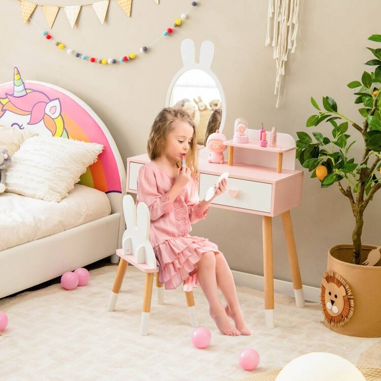 2 in 1 Wooden Princess Kids Vanity Set with Mirror-White - N/A