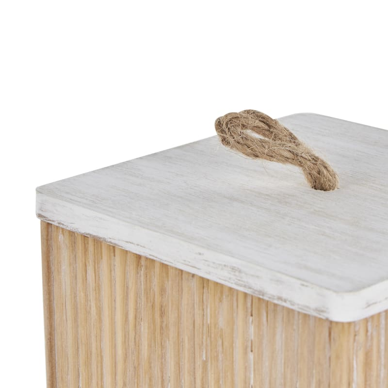 Wooden Washed Ribbed Storage Box with White Lids and Rope Handles - Set of 2 Brown - Roche River Decor