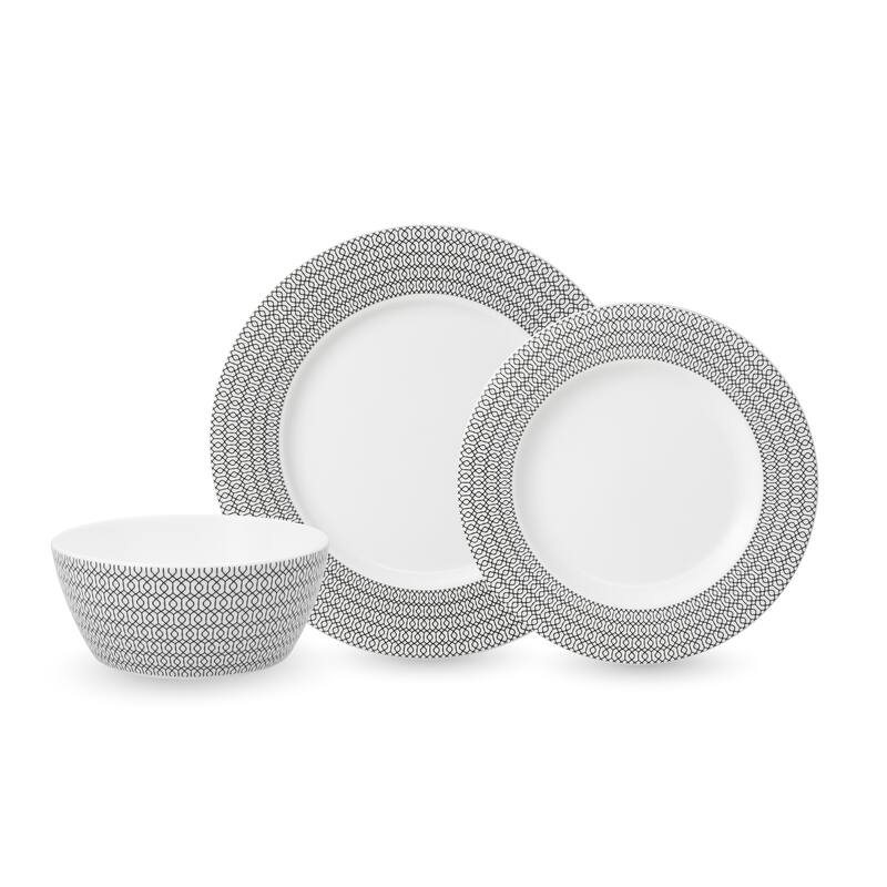 Fortessa Ornament Bone China, 12 Piece Dinnerware Set (Service for 4) - 12 Piece Set - Black - 12 Piece