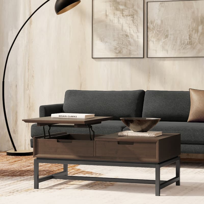 WYNDENHALL Devlin SOLID HARDWOOD 48 inch Wide Rectangle Modern Industrial Lift Top Coffee Table in Walnut Brown - Walnut Brown