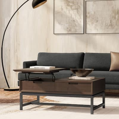 WYNDENHALL Devlin SOLID HARDWOOD 48 inch Wide Rectangle Modern Industrial Lift Top Coffee Table in Walnut Brown