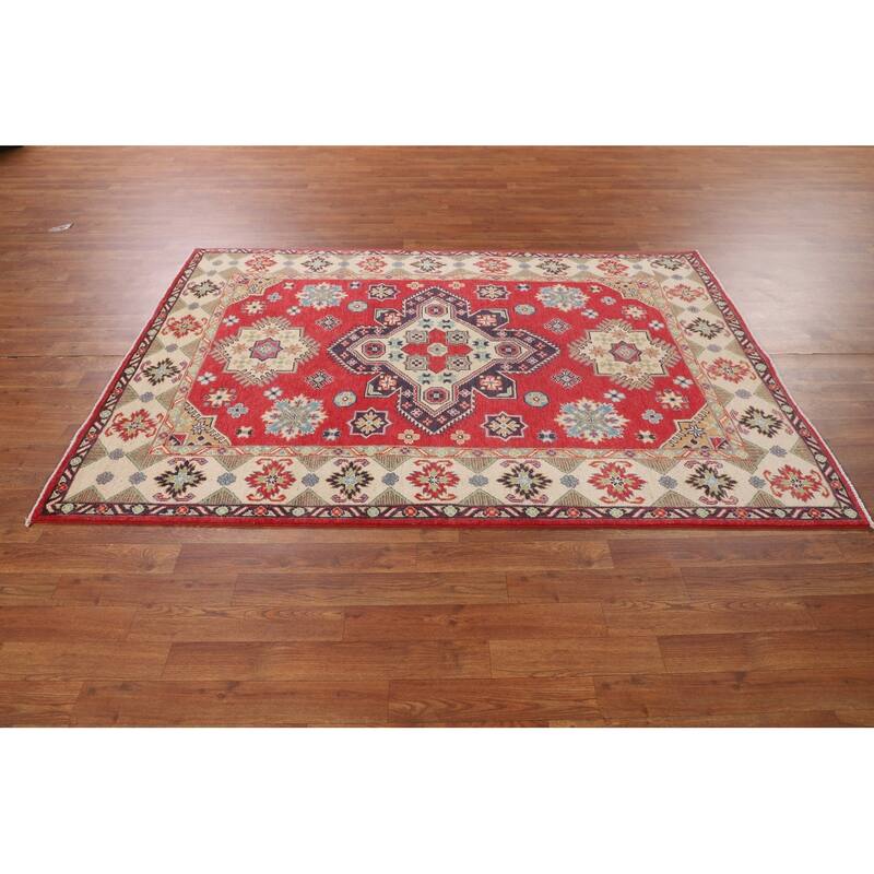 Geometric Kazak Area Rug Handmade Oriental Red Wool Carpet - 4'9" x 6'9"