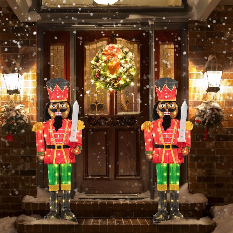 5 Ft Lighted Nutcracker Soldier with 100 LED Lights and Glitter Sword for Indoor Outdoor Decor - Multi - 21.5" x 5 ft