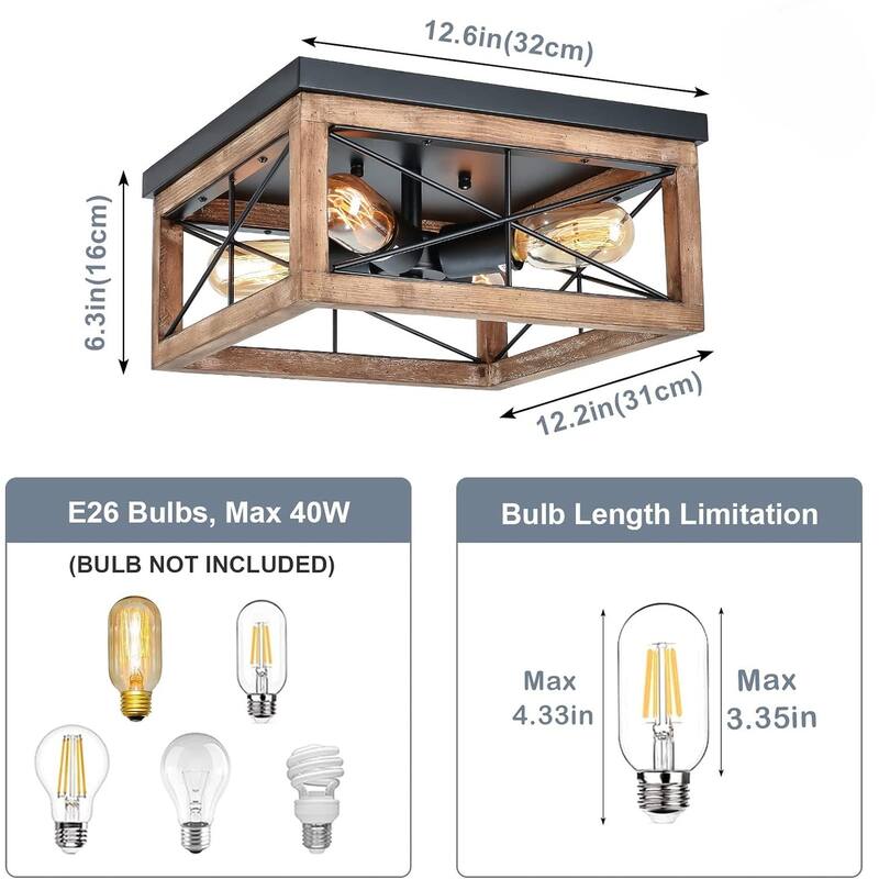 Wooden Flush Mount Ceiling Lights, 4-Light Farmhouse Close to Ceiling Lighting Fixtures Black Ceiling Lamp