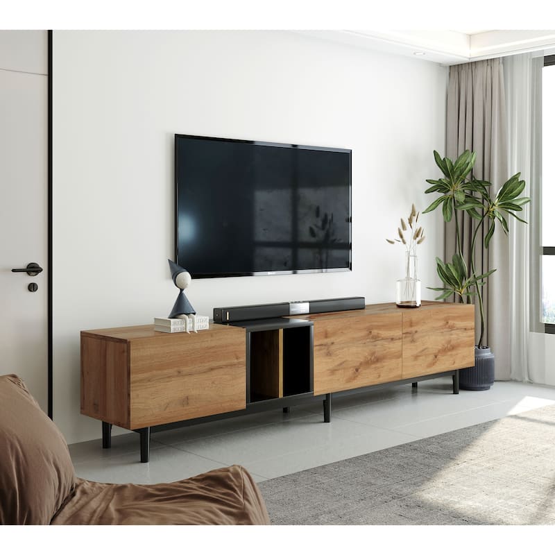 ​​Modern Minimalist TV Stand with 3 Storage Cabinets and Drop Down Doors for Living Rooms and Home Theaters​​