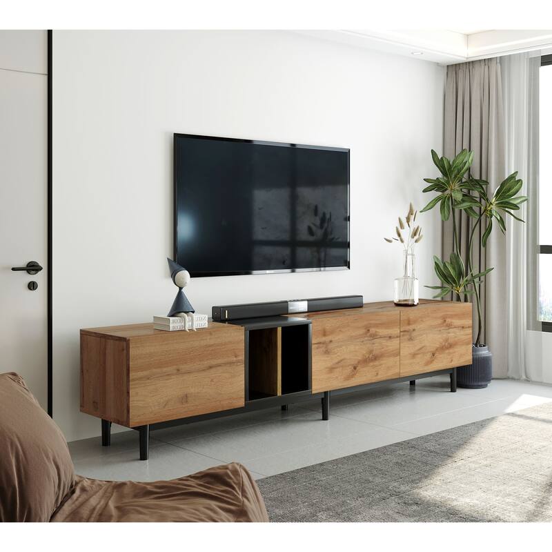 Modern TV Stand for 80'' TVs with 3 Doors, Concealed Storage and Pull-Down Cabinet Doors, for Living Rooms and Bedrooms