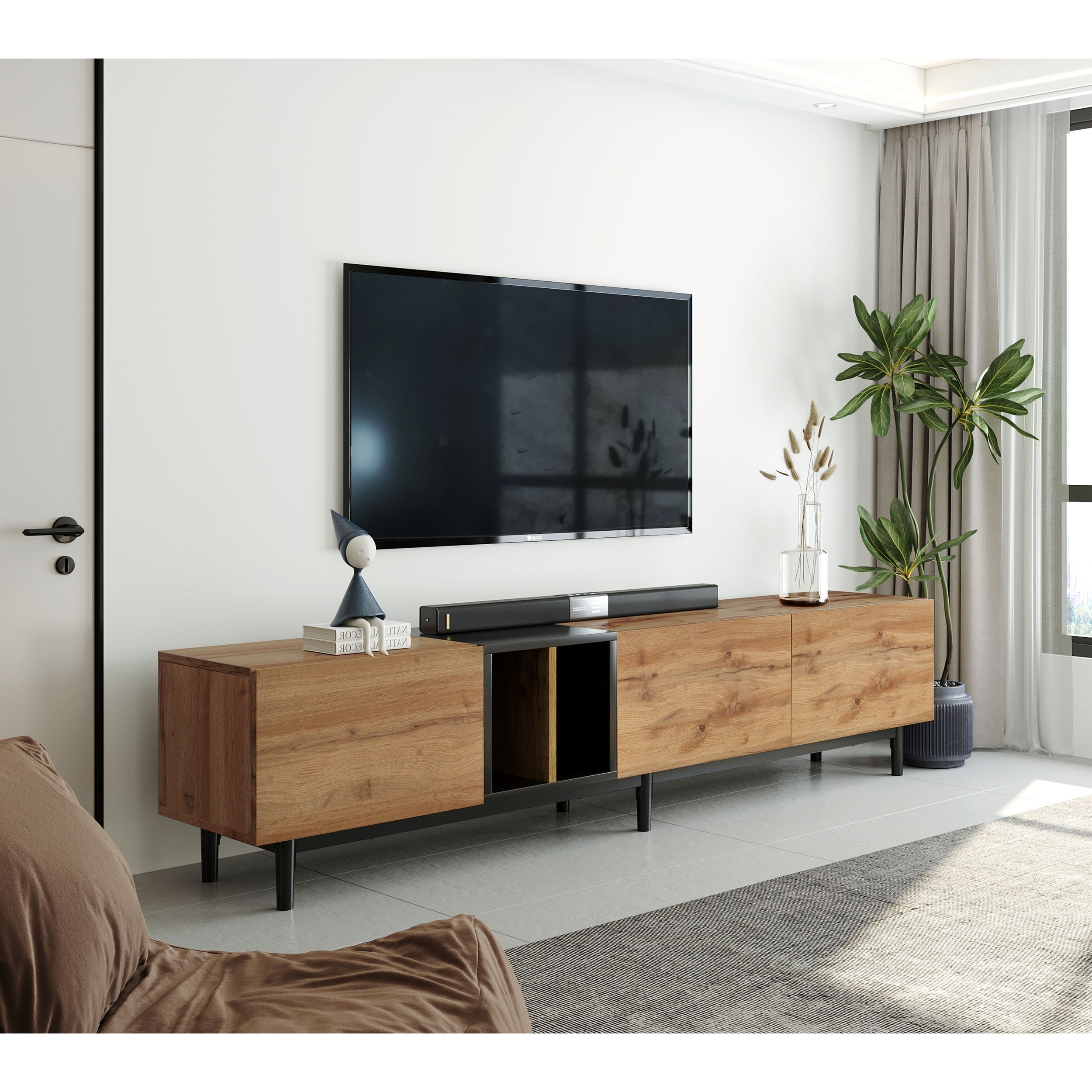 Modern TV Stand for TVs Up To 80'' with Storage, Media Console Table Entertainment Center for Living Room, Natural Wood
