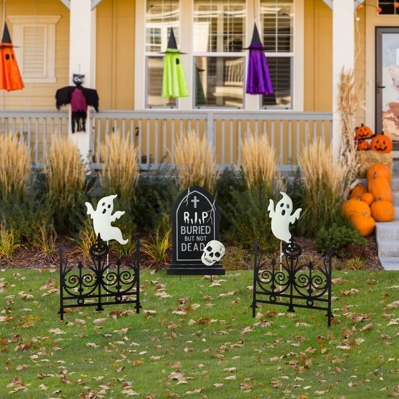 Glitzhome 24"H 5-Piece Halloween Metal Fences Tombstone Ghost Set Yard Stakes