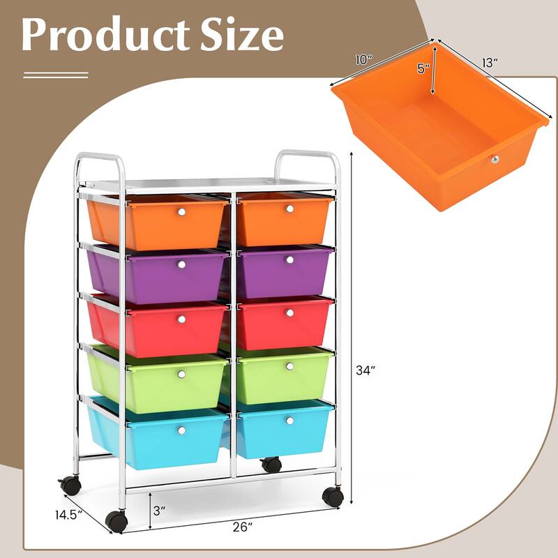 Costway 10-Drawer Storage Cart Utility Rolling Trolley Kitchen Office