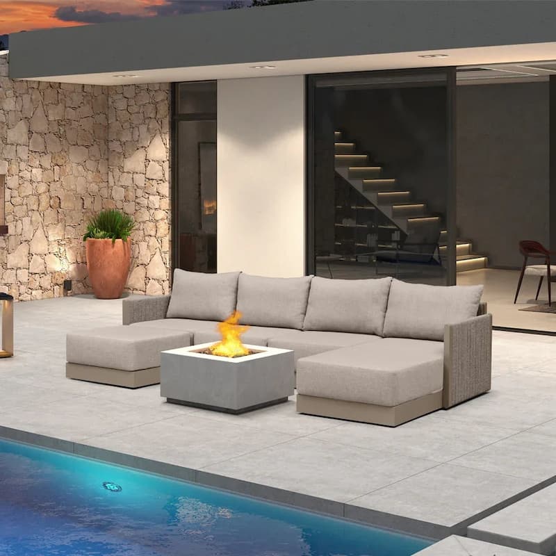 PURPLE LEAF Santorini 4-13 Piece Khaki Sofa with Ottoman and Cushion for Poolside Garden Couch Outdoor Patio Conversation Sets - 6-Piece - Symmetrical