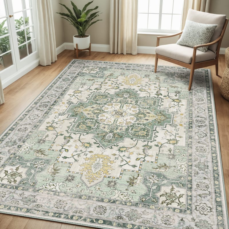 Mcow Green Floral Faded Low Pile Machine Washable Non-Slip Area Rug - 6'X9' - Green - Rectangle