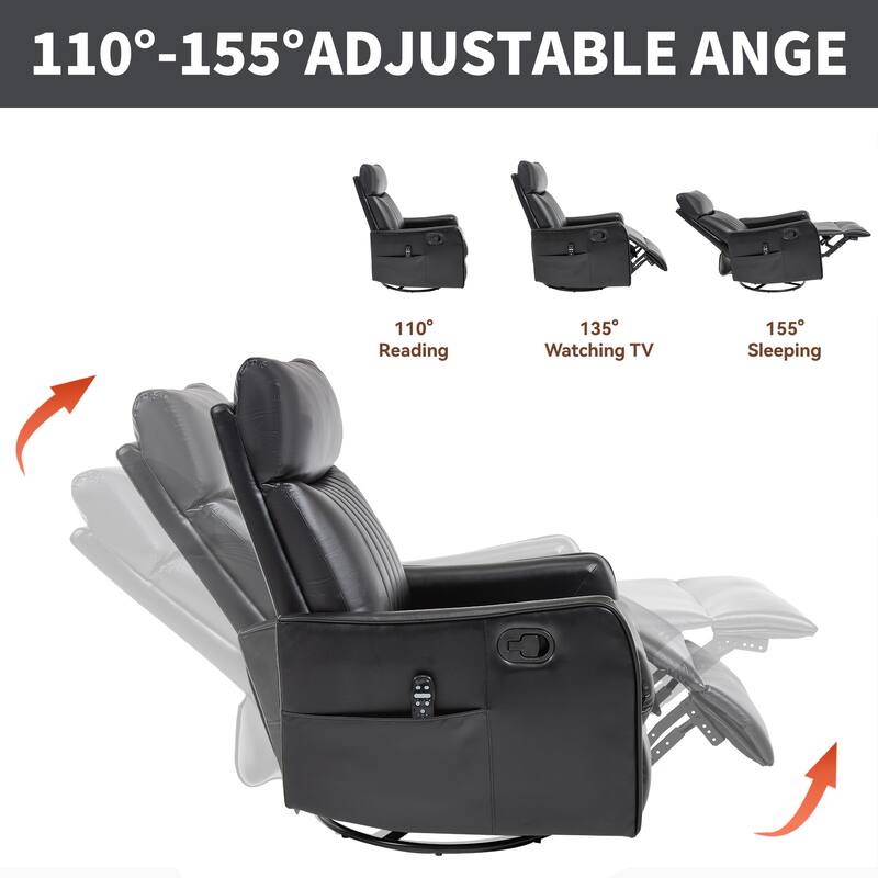 Black Faux Leather Heat Massage Manual Recliner Chair with Rocker and Swivel for Living Room