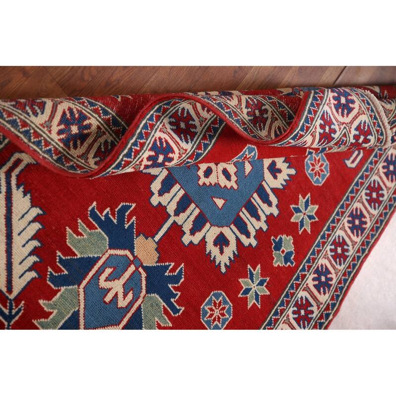 Geometric Red Kazak Accent Rug Handmade Traditional Wool Carpet - 3'4"x 4'11"