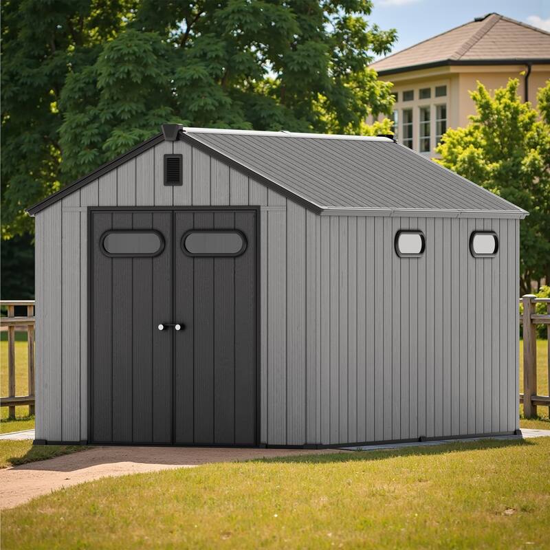 8' x 8' / 8' x 10'/ 8' x 12' Outdoor Resin Storage Shed with Floor & Lockable Doors All-Weather Garden Tool Storage for Patio - Light Grey - 8' x 12'