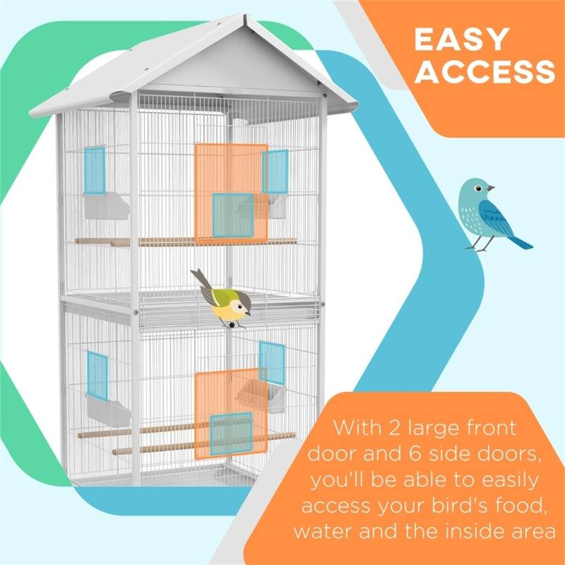 Spacious White Metal Bird Cage with Sliding Feeding Doors Perches and Wheels for Small to Medium Birds