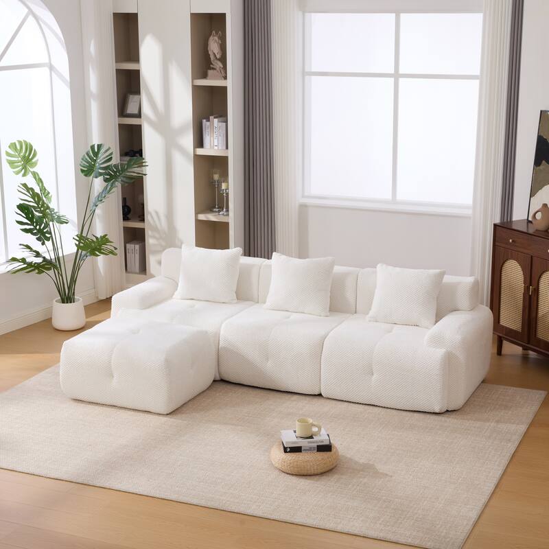 104"W Modern Upholstered Sectional Sofa with 3 Pillows and Ottoman - Ivory