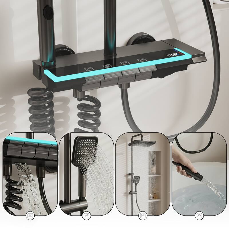 Shower System with LED Temperature Display, 4 Function Piano Button Shower Panel with Rainfall Shower Head, Handheld Shower