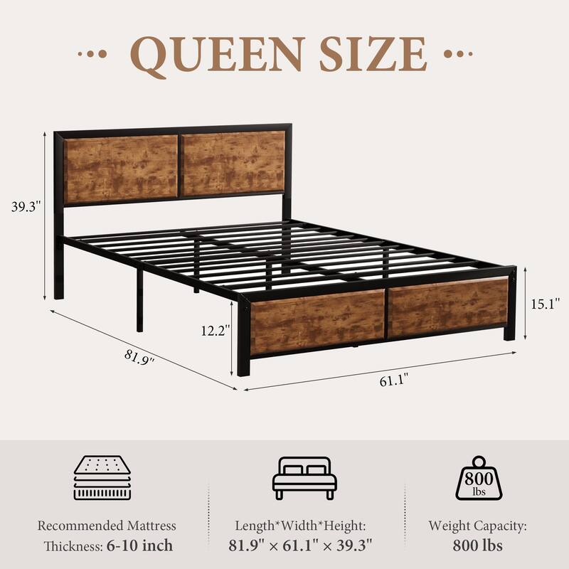 VECELO Platform Bed Frame with Wooden Headboard Heavy Duty Steel Slats Support No Box Spring Needed