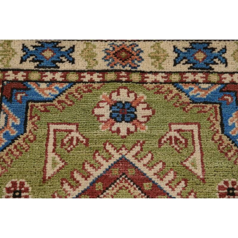 Hand Knotted Oriental 100% Wool Carpet Traditional Geometric Green Kazak Area Rug - 3' 1'' X 2' 0''