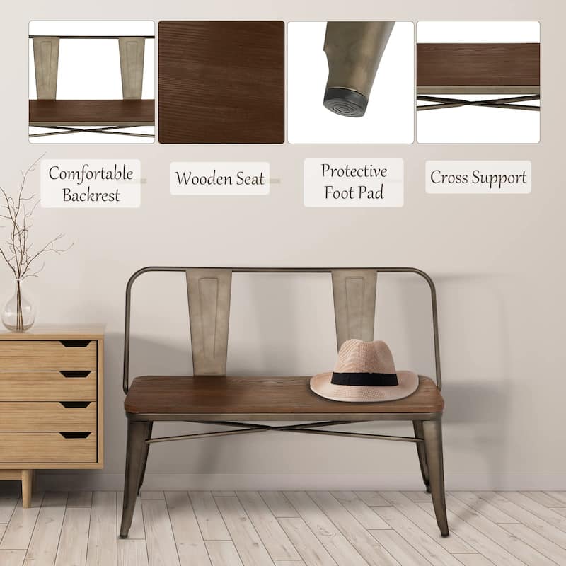 EROMMY 42in Metal Bench Industrial Mid-Century 3 Person Chair with Wood Seat, Dining Bench with Floor Protector - 42"