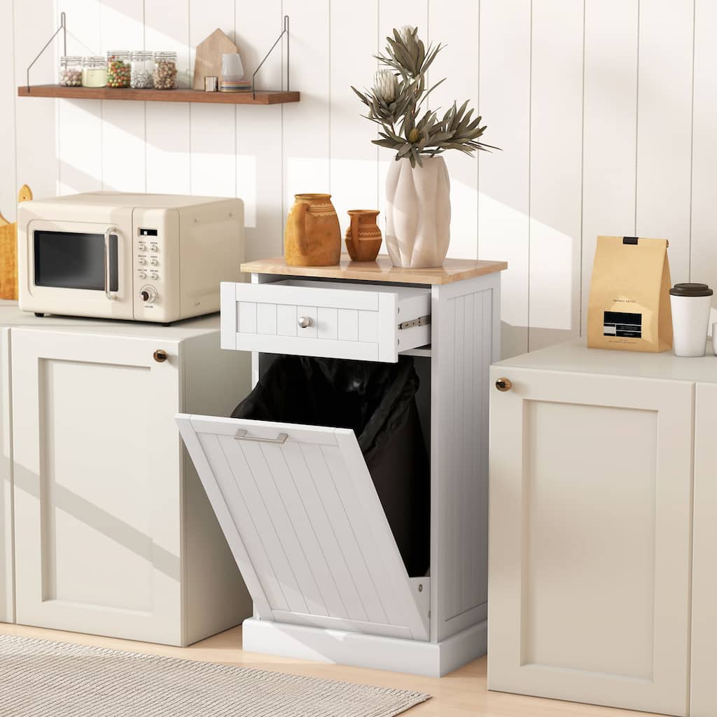 HOMCOM Kitchen Tilt Out Trash Bin Cabinet Free Standing Recycling Cabinet Trash Can Holder With Drawer, White Oak