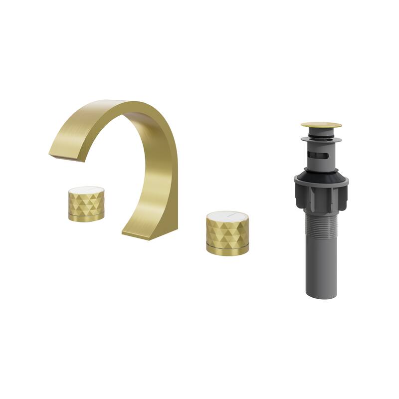 8 in. Widespread Double-Handle C-Arc Waterfall Deck-Mount Bathroom Faucet with Drain Kit - Brushed Gold