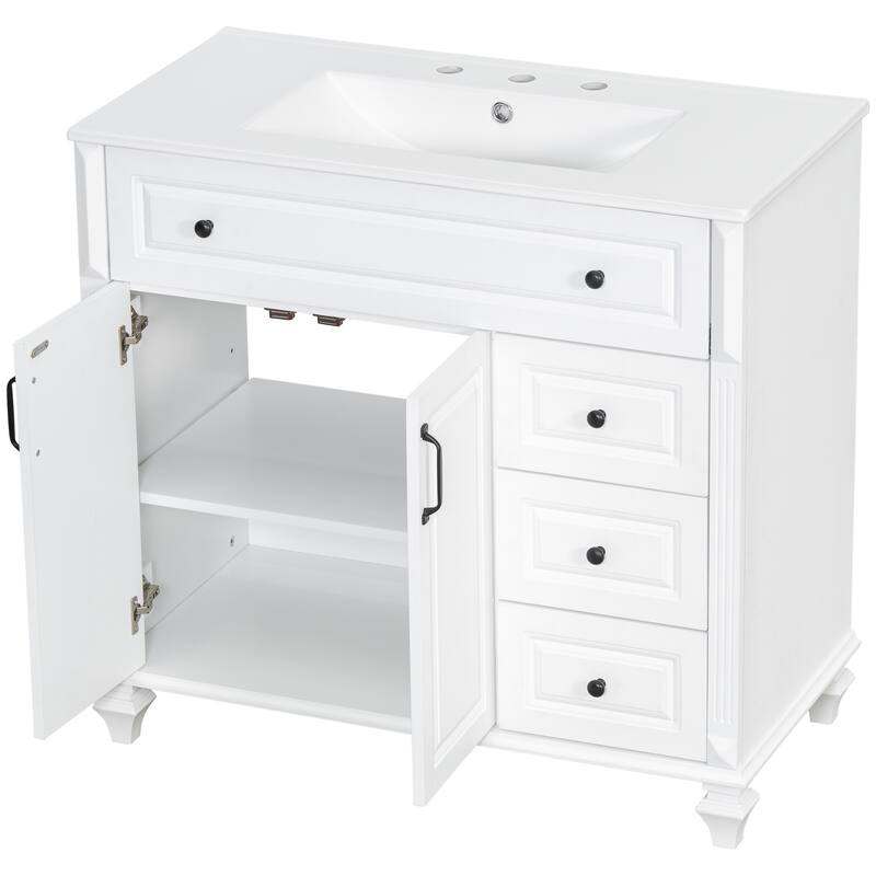 36" Bathroom Vanity with Sink - Solid Wood Cabinet with Flip Drawer, 3 Drawers & 2 Doors, Gold Handles, Modern Vanity