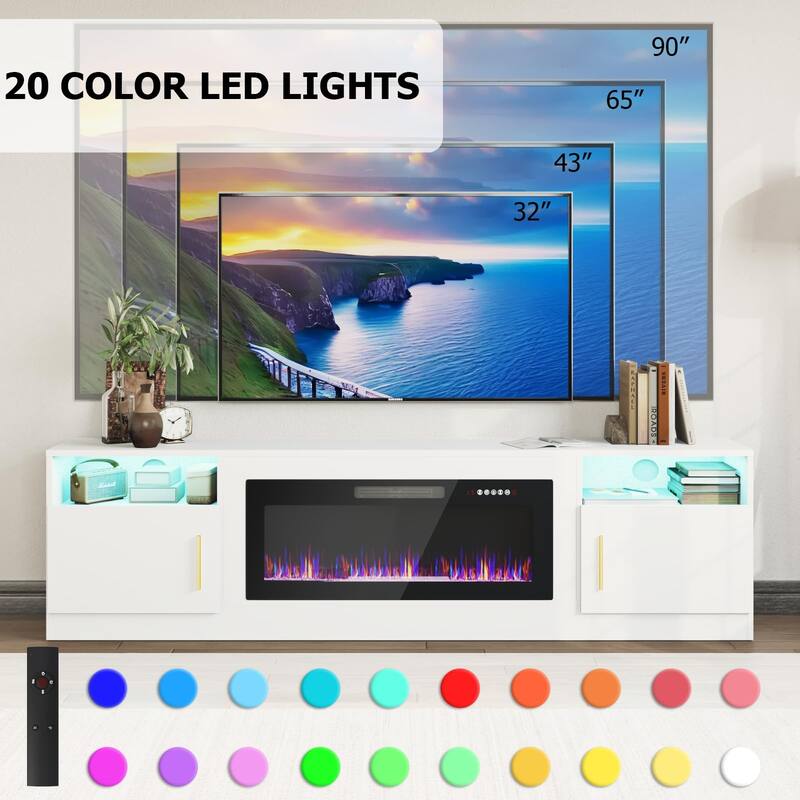 80" Modern Electric Fireplace TV Stand with 20-Color LED Lights, Fits Up to 90" TV, Adjustable Shelves & Cable Management