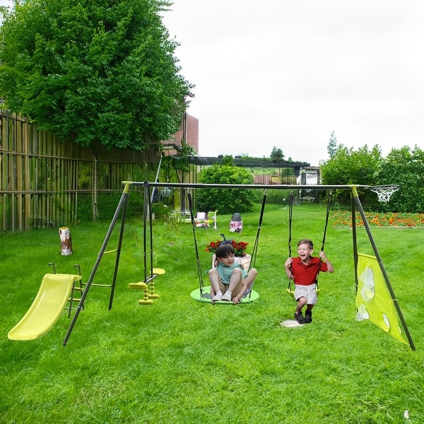 slide 2 of 9, Interesting six function swingset with net swing metal plastic safe swing set for outdoor playground for age 3+ Green