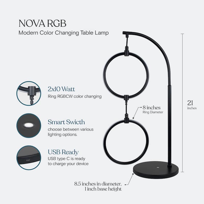 Brightech Nova 24 in. Classic Black Modern & Contemporary Integrated LED Arc Table Lamp with Built-In Color Changing Function