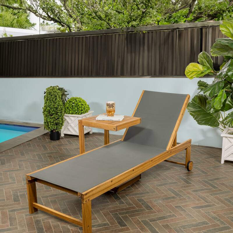 Barclay Coastal Modern Acacia Wood Mesh 3-Position Outdoor Chaise Lounge Set with Side Table, by JONATHAN Y