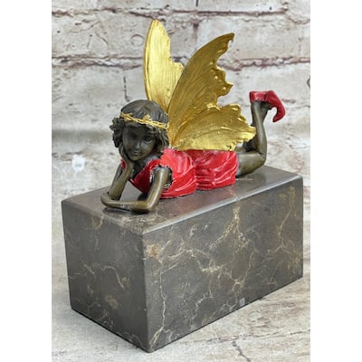 Colorful Resting Fairy Girl Child Bronze Metal Figurine Sculpture On Marble Base