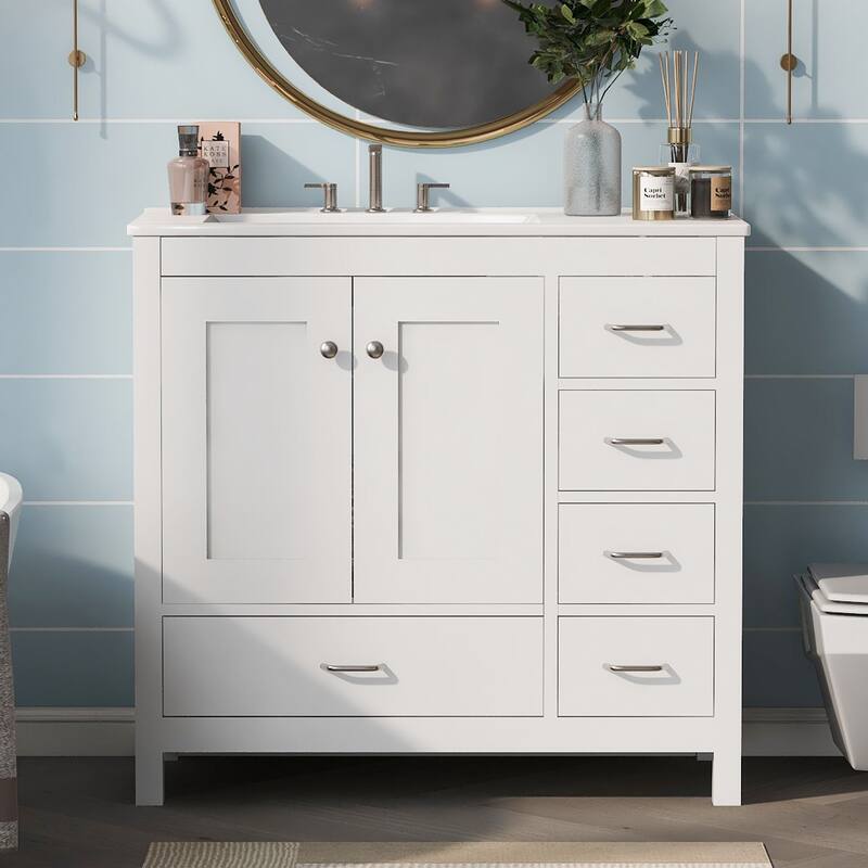 Modern 36" Bathroom Vanity Combo with Undermount Ceramic Sink, Free-Standing Storage Cabinet & Silver Handles