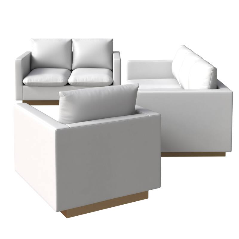 3-Piece Executive Leather Sofa Set with Brushed Gold Stainless Steel Base
